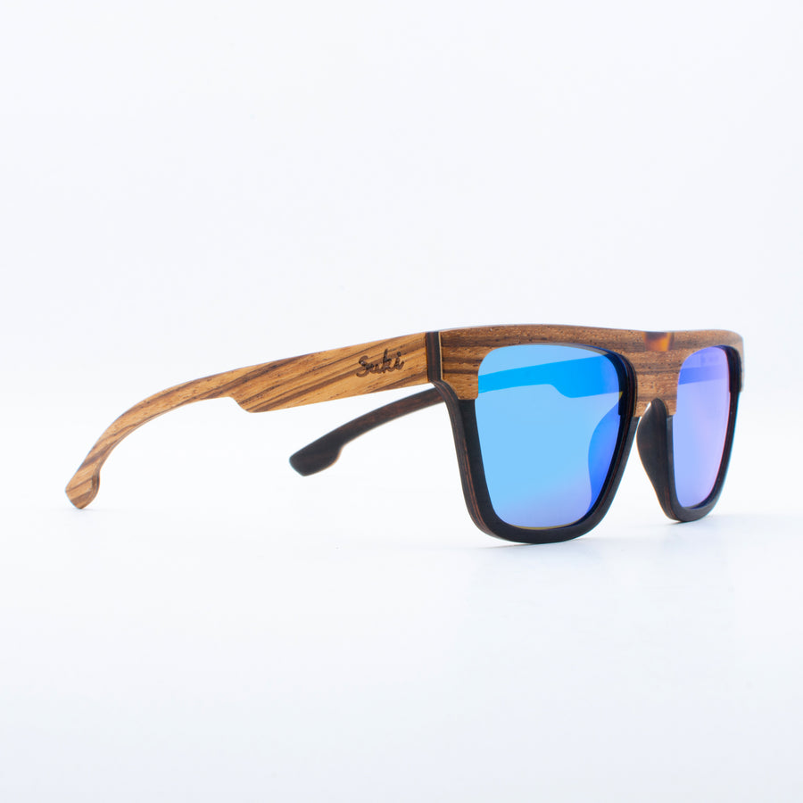 Wooden Sunglasses Tambora Zebrawood Revo Blue Suki
